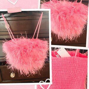 SMALL Lucy Paris FEATHER DECORATED pink spaghetti strap TUBE TOP NWT